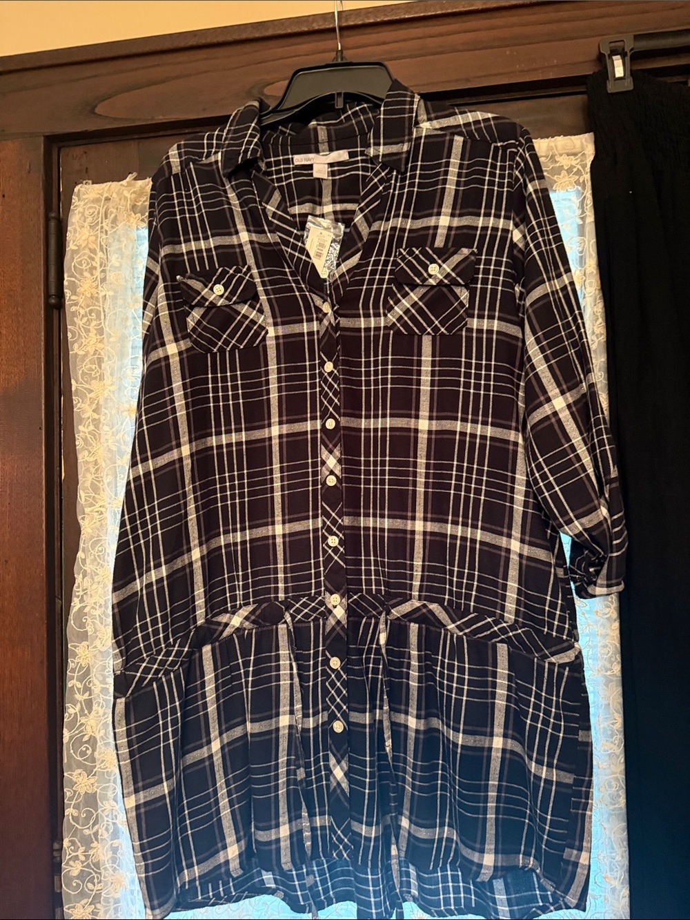 Old Navy Black and White Plaid Long-Sleeve Shirt Dress